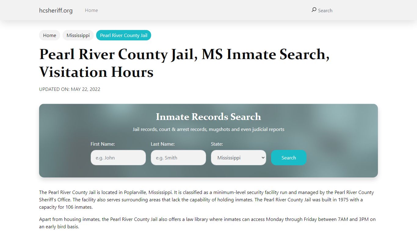Pearl River County Jail, MS Inmate Search, Visitation Hours